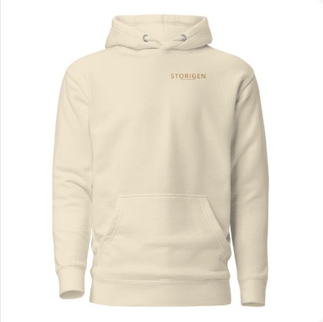 Approved Printful preview: Bone flagship hoodie with warm-gold STORIGEN wearer-left chest wordmark.