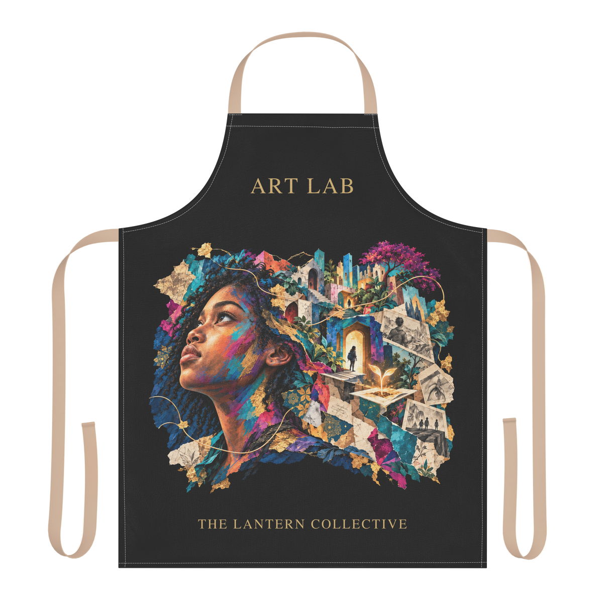 ART LAB apron by The Lantern Collective with multicolor portrait collage, gold lettering and beige straps