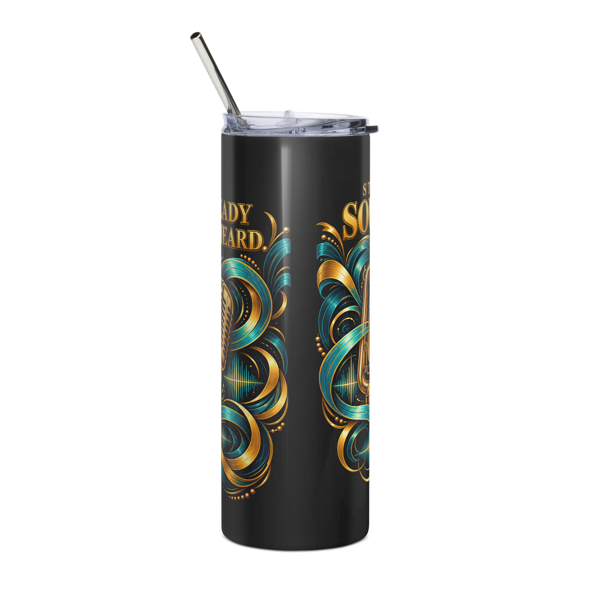 STORIGEN Sound Lab black 20 oz tumbler, angled reverse view with lid and metal straw; digital product preview.