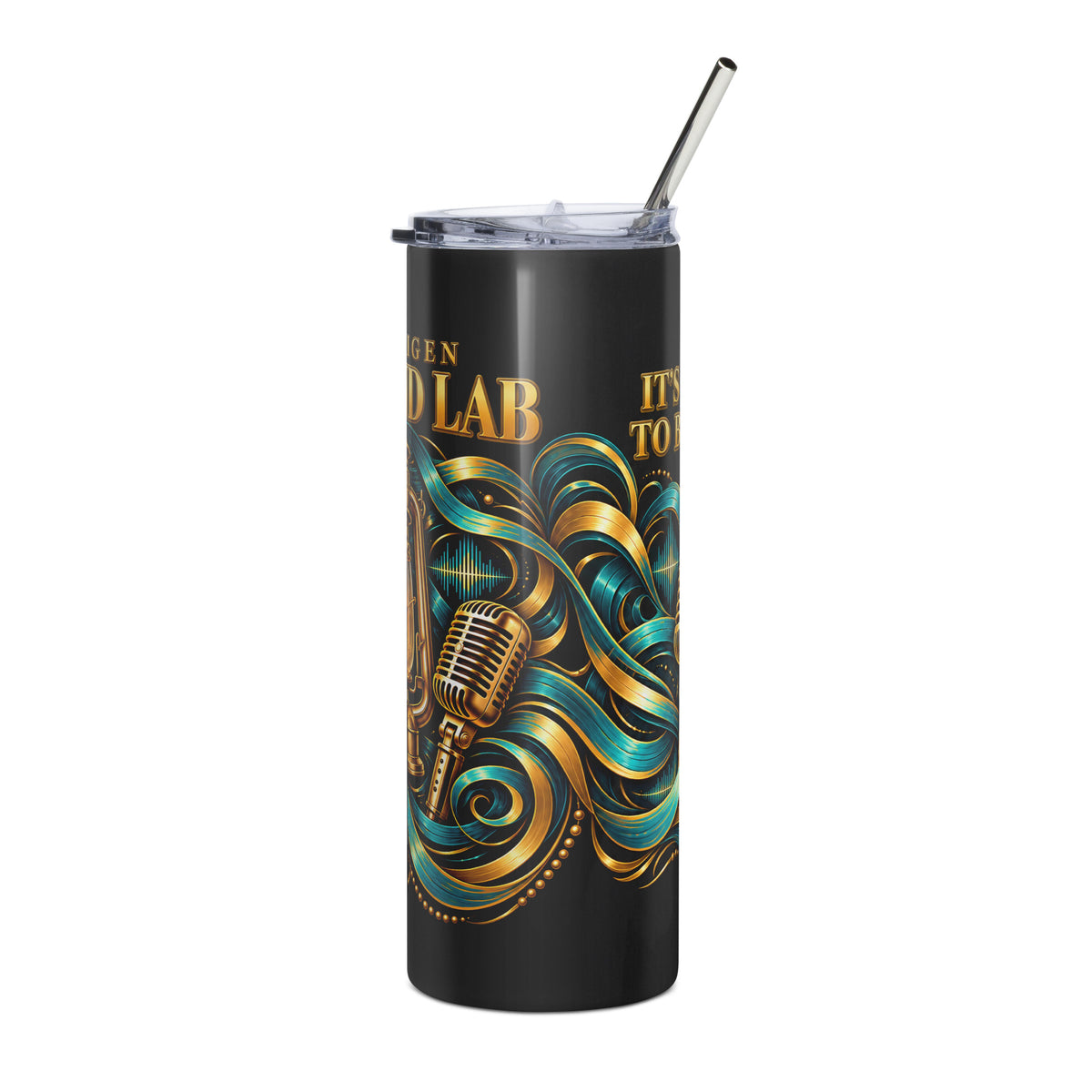 STORIGEN Sound Lab black 20 oz tumbler, angled front view with lid and metal straw; digital product preview.