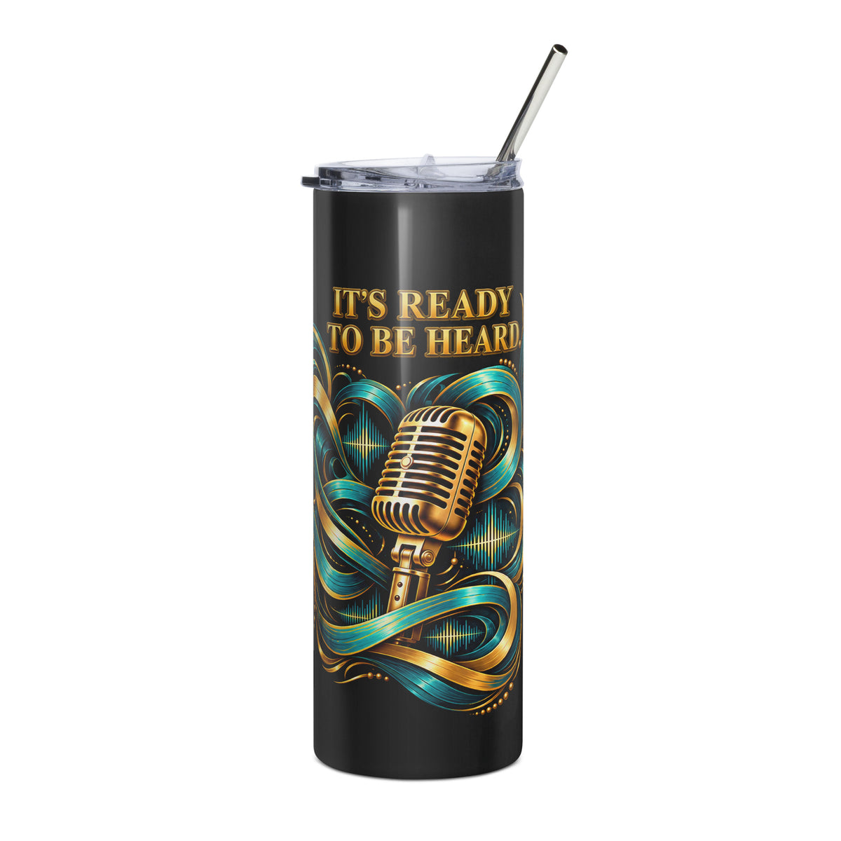 STORIGEN Sound Lab black 20 oz tumbler, microphone view with teal and gold wraparound artwork; digital product preview.