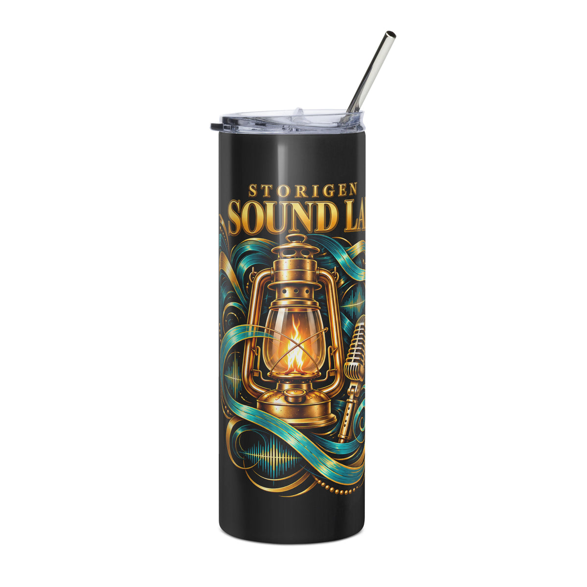 STORIGEN Sound Lab black 20 oz tumbler, lantern view with teal and gold wraparound artwork; digital product preview.