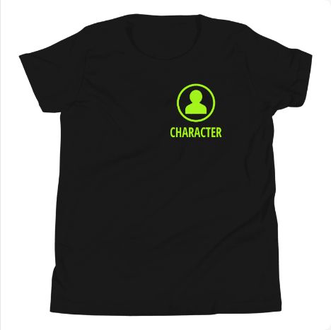 STORIGEN CHARACTER Youth Bella + Canvas 3001Y black tee, front Printful preview.