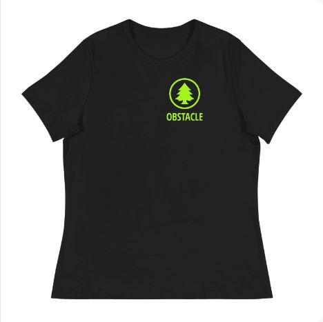 STORIGEN OBSTACLE women's Bella + Canvas 6400 black tee, front Printful preview.