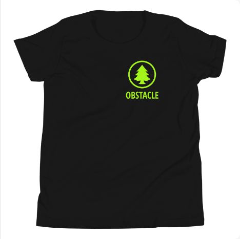 STORIGEN OBSTACLE youth Bella + Canvas 3001Y black tee, front Printful preview.