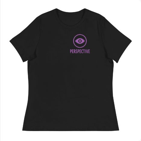 STORIGEN PERSPECTIVE women's Bella + Canvas 6400 black tee, front Printful preview.