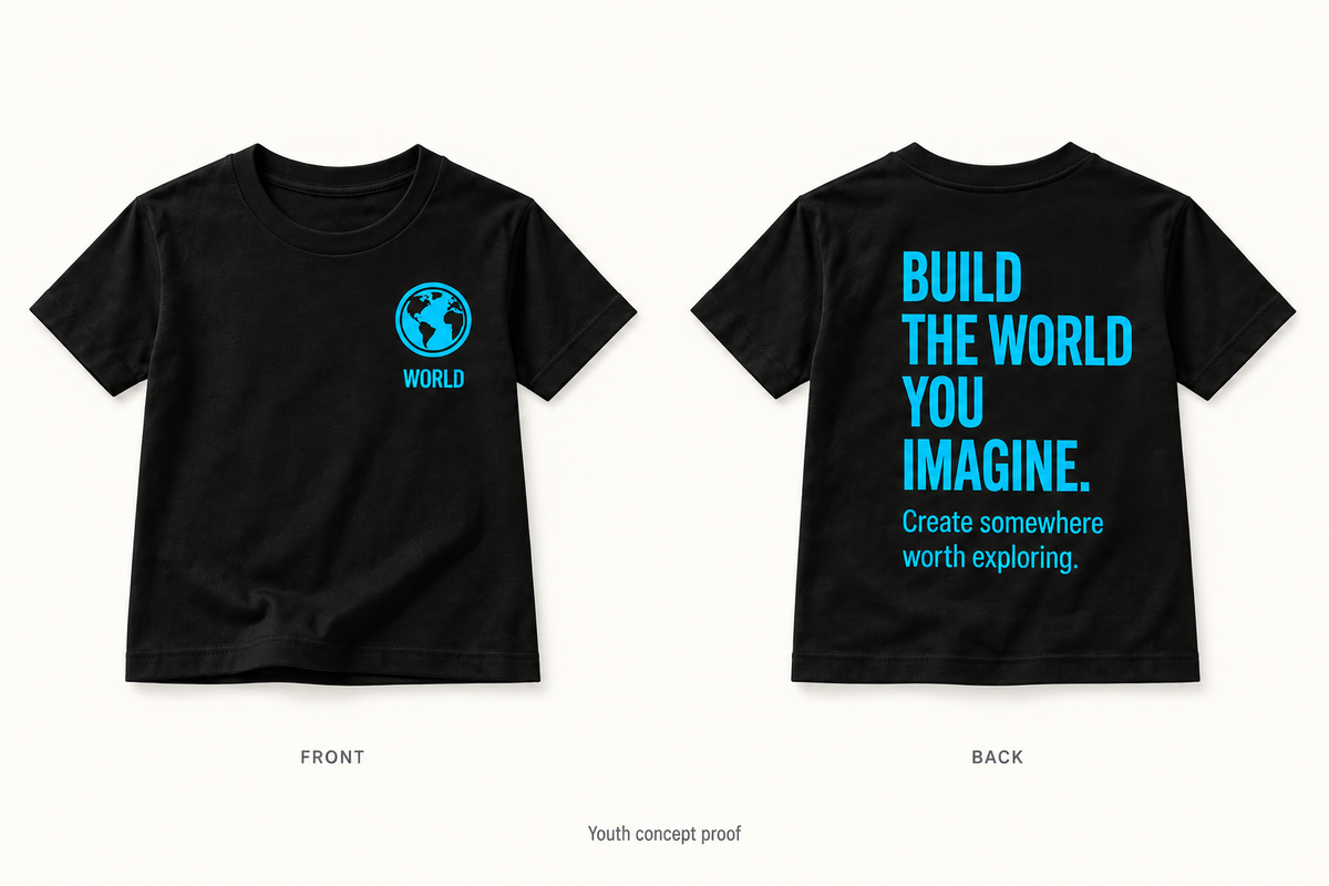 STORIGEN WORLD Youth fit. Front left, back right; same design. Concept mockup.
