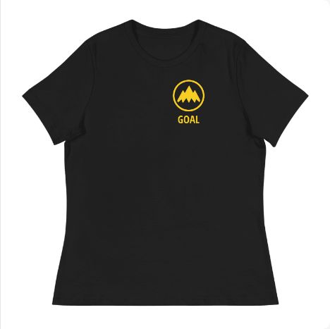 STORIGEN GOAL women's Bella + Canvas 6400 black tee, front Printful preview.