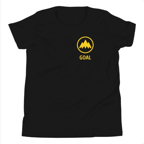 STORIGEN GOAL youth Bella + Canvas 3001Y black tee, front Printful preview.
