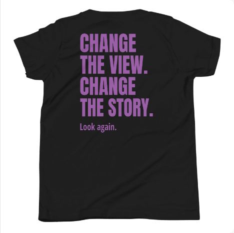 STORIGEN PERSPECTIVE youth Bella + Canvas 3001Y black tee, back Printful preview.