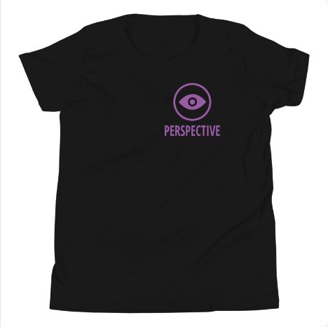 STORIGEN PERSPECTIVE youth Bella + Canvas 3001Y black tee, front Printful preview.