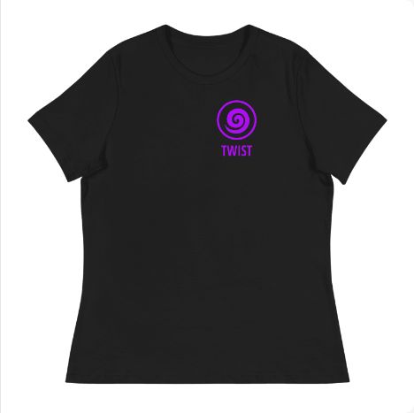 STORIGEN TWIST women's Bella + Canvas 6400 black tee, front Printful preview.