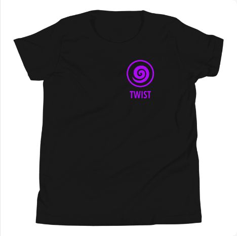 STORIGEN TWIST youth Bella + Canvas 3001Y black tee, front Printful preview.