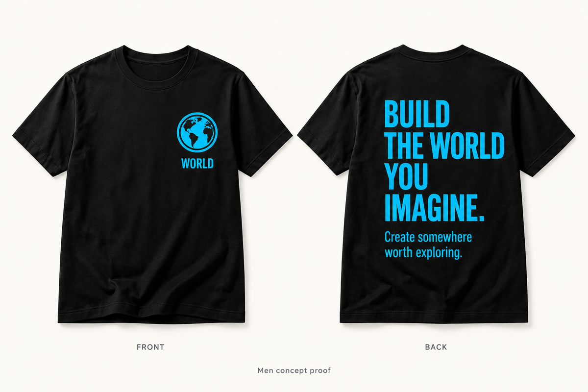 STORIGEN WORLD Men fit. Front left, back right; same design. Concept mockup.
